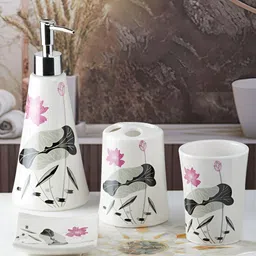 Kookee White & Pink 4 Pieces Ceramic Bath Accessories Set-57