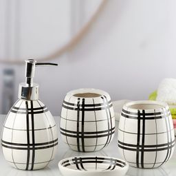 Kookee White & Black 4 Pieces Striped Glossy Ceramic Bath Accessories Set-15