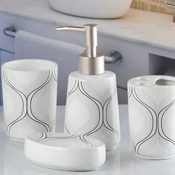 Kookee White & Black 4 Piece Ceramic Abstract Printed Bath Accessories Set-22