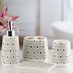 Kookee White and Black 4 pieces Abstract Ceramic Bath Accessories Set-5