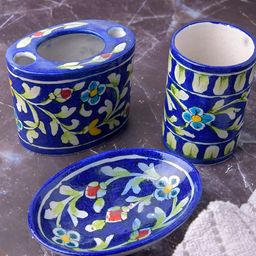 INDIA MEETS INDIA Blue & Green 3 pieces Printed Ceramic Bath Accessories Set-15