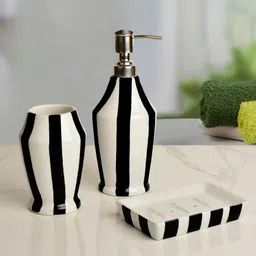 StyleMyWay Black & White 3 Pieces Striped Printed Bathroom Accessories Set-picture-1