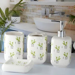 Kookee White & Green 4 Pieces Abstract Ceramic Bath Accessories Set image 2