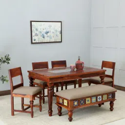 mudramark from pepperfry Siramika Sheesham Wood 6 Seater Dining Set In Honey Oak Finish With Cushioned Bench-picture-19