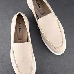 Mast & Harbour Men Cream-Coloured Round Toe Memory Foam Suede Loafers-image-63