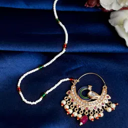 Silvermerc Designs Gold-Plated Stone-Studded & Beaded Peacock Meenakari Jodha Bai Nosering-image-8
