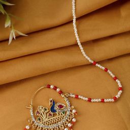 Silvermerc Designs Gold-Plated & White Studded & Beaded Mayur Nose Ring-image-18