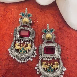 Sangria Silver-Plated Stone Studded Drop Earrings-18