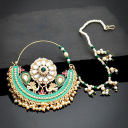 Silvermerc Designs Gold-Plated White & Green Kundan Studded Meenakari Chained Nose Ring-image-19