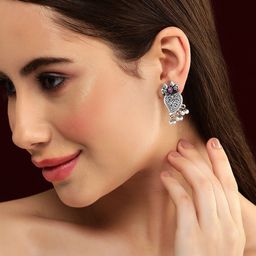 Rubans Silver-Plated Oxidized Paisley Shaped Drop Earrings-3