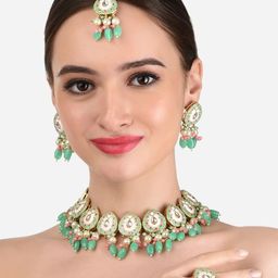 Zaveri Pearls Green & Pink Meenakari Kundan Choker Necklace Earring Maangtikka & Ring Set-picture-8