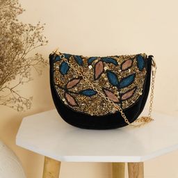 FABBHUE Gold-Toned Embellished Velvet Half Moon Sling Bag-31