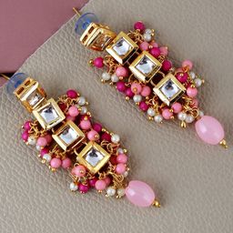 LUCKY JEWELLERY Gold-Plated Contemporary Kundan Studded Drop Earrings-image-15