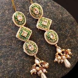 DUGRISTYLE Gold-Plated Kundan & Pearls Geometric Drop Earrings-24