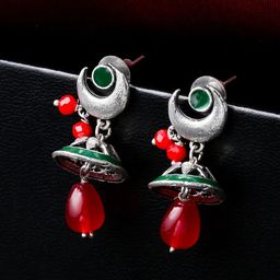 VIRAASI Women Silver-Toned & Red Contemporary Drop Earrings-image-87