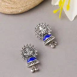 VIRAASI Silver-Toned & Blue Classic Jhumkas Earrings-picture-19