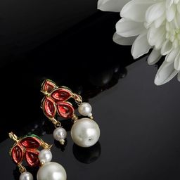 DUGRISTYLE Gold-Plated Kundan & Pearls Classic Drop Earrings-64