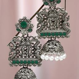 KARATCART Women Oxidised Silver Green Dome Shaped Jhumkas Earrings-46