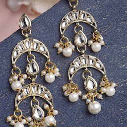 KARATCART Gold-Plated & White Kundan Studded Drop Earrings-14