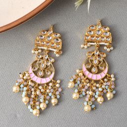 DASTOOR Gold-Plated Kundan Contemporary Chandbalis Earrings-2