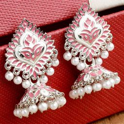 KARATCART Women  Silver Plated Pink Dome Shaped Jhumkas Earrings-2