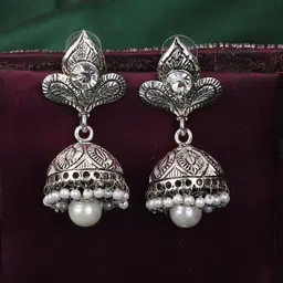 ANIKAS CREATION Silver-Plated Contemporary Jhumkas Earrings-image-3