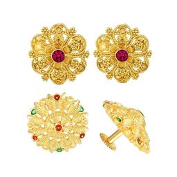 Vighnaharta Set Of 2 Gold Plated Stone-Studded Floral Studs Earrings-19