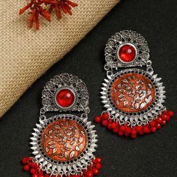 Dhrohar Red & White Silver-Plated Oxidised Contemporary Drop Earrings-image-37