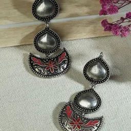 Fida Crescent Shaped Oxidised Silver-Plated Drop Earrings-11