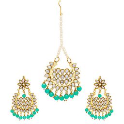 Shining Jewel - By Shivansh Gold Plated Kundan Jhumkas Earring and Maang Tikka Set-image-26
