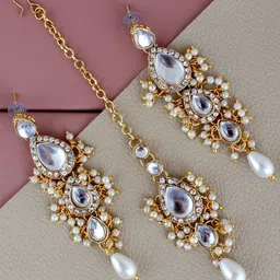 LUCKY JEWELLERY Gold Plated Kundan Maang Tika & Earrings-image-71
