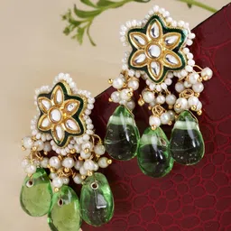 DUGRISTYLE Kundan & Pearl Studded Gold-Plated Drop Earrings-12