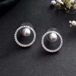 Shoshaa Silver Plated CZ Studded Circular Studs Earrings-image-15