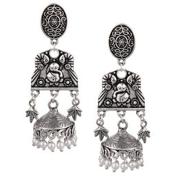 FEMMIBELLA Silver-Toned Oxidised Dome Shaped Jhumkas Earrings-0