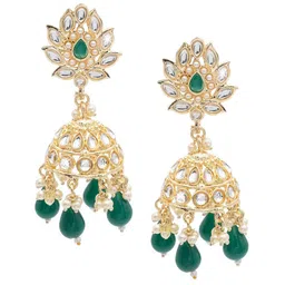 Shining Jewel - By Shivansh Gold Plated Kundan Studded & Beaded Dome Shaped Jhumkas-image-25