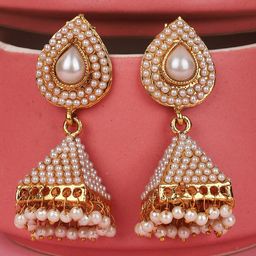 ANIKAS CREATION Off White Gold-Plated Contemporary Jhumkas Earrings-image-64