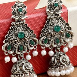KARATCART Women Oxidised Silver Green Dome Shaped Jhumkas Earrings-20