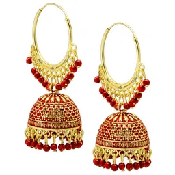 Shining Jewel - By Shivansh Gold-Plated & Red Contemporary Jhumkas Earrings-10