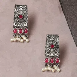 OOMPH Silver-Toned & Red Geometric Drop Earrings-11