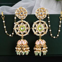 DASTOOR Gold-Plated Kundan Studded Contemporary Jhumkas Earrings-image-24