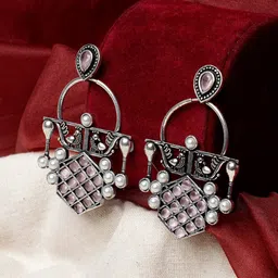 TEEJH Silver-Plated Beaded Oxidised Drop Earrings-14
