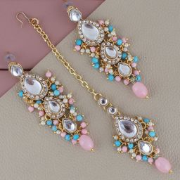 LUCKY JEWELLERY Gold Plated Kundan Maang Tika & Earrings-image-57