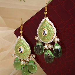 DUGRISTYLE Gold-Plated Kundan Teardrop Shaped Drop Earrings-1