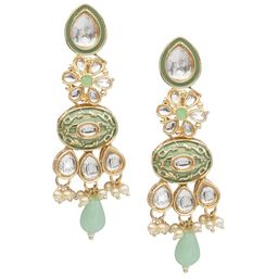 Shining Jewel - By Shivansh Gold Plated Floral Kundan Studded Enamelled Drop Earrings-image-70