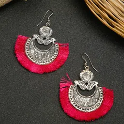 Dhrohar Pink & Silver-Plated Oxidised Contemporary Drop Earrings-image-19