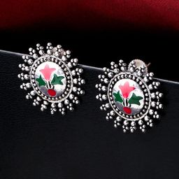 VIRAASI Women Silver-Toned & White Contemporary Studs Earrings-5