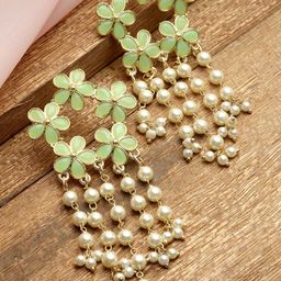 KARATCART Women Gold Plated Lime Green Floral Drop Earrings-image-73
