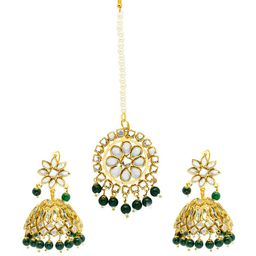 Shining Jewel - By Shivansh Gold Plated Kundan Jhumkas Earring and Maang Tikka Set-image-14