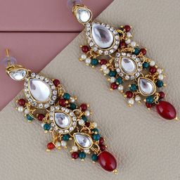 LUCKY JEWELLERY Gold-Plated Contemporary Kundan Studded Drop Earrings-image-72