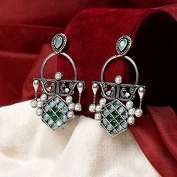 TEEJH Silver-Plated Oxidised Contemporary Drop Earrings-3